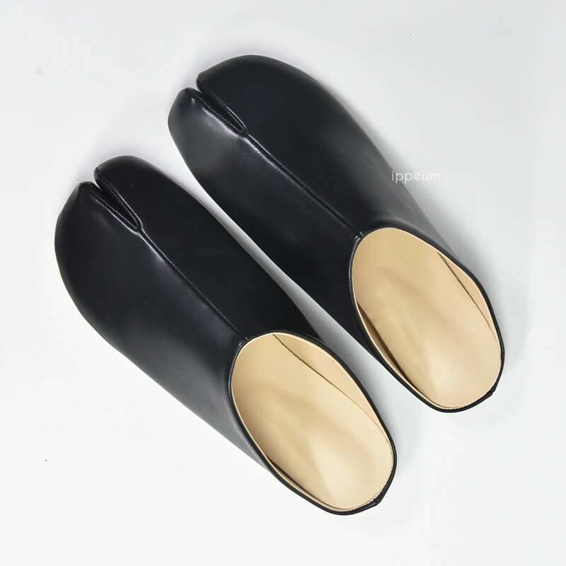IPPEUM Tabis Mules Split Toe Plus Size 44 Black Leather Slippers Women Designer Flat Shoes
