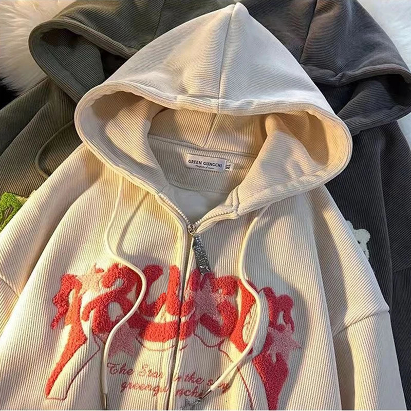Fashion y Zip Up Hoodies Women Autumn Long Sleeve Tops Loose Hood Shirt Harajuku Y2K Clothes Female Sweatshirt Jacket 250103