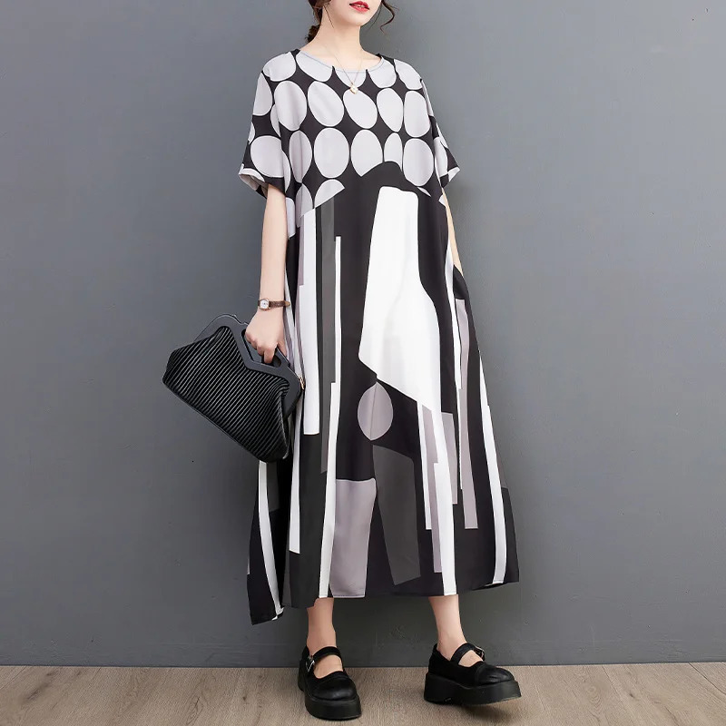 Wxw0122 Printed A-line Dress Womens O-neck Long T-shirt Dress Short Sleeve Casual Retro Midi Dress Womens Retro Womens Dress 250103