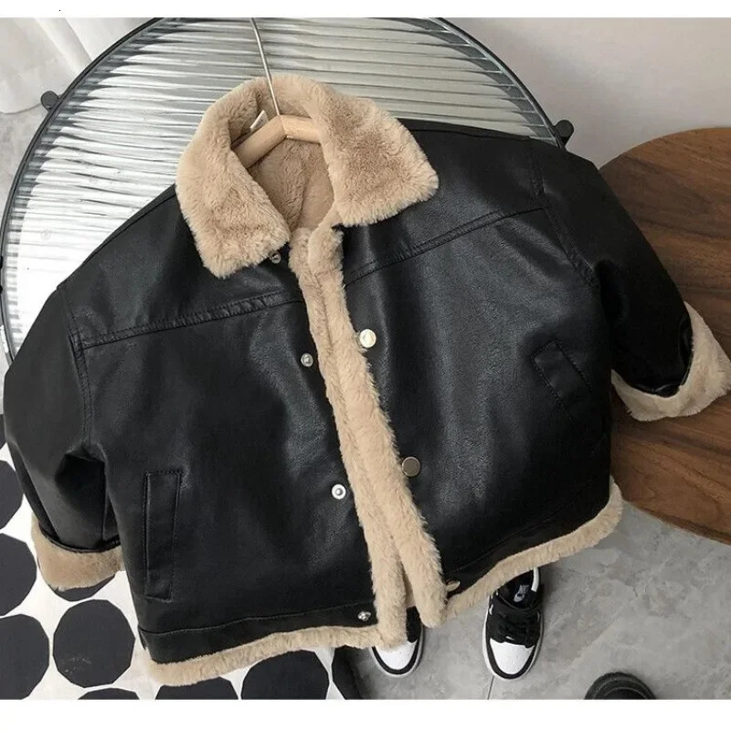 2-11Y Kids Leather Jackets Boys Girls Black Fleece Cardigan Coat Autumn Winter Warm Loose Vintage Clothes Teenagers Outerwear 241226