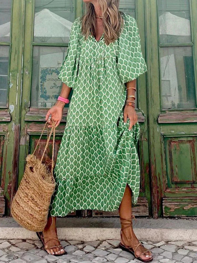 Fashionable womens printed summer loose bohemian dress casual elegant short sleeved beach party dress womens long robe style 250103