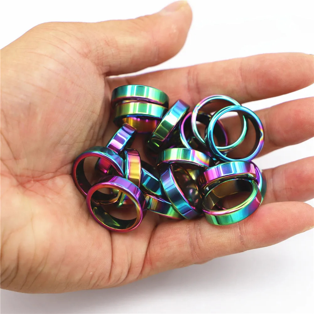 10pcs/ Lot 6mm Unisex Hematite Rings Colorful Gallstone Couple Rainbow Non-magnetic Relieve Anxiety Jewelry Gift Size 16-23 250103