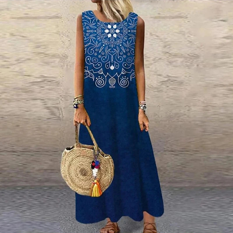 Womens sleeveless printed dress O-neck straight loose fashion elegant commuting long casual spring summer 250103
