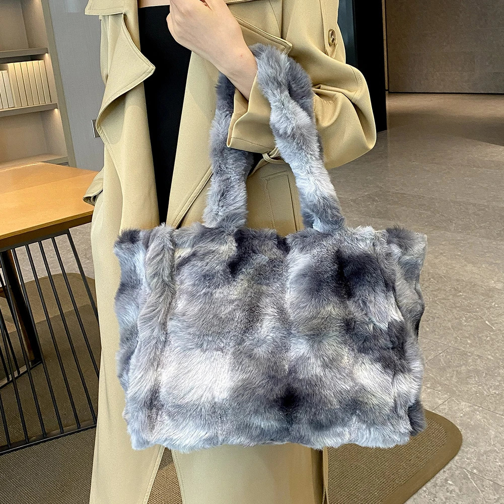 Women Fluffy Shopping Bag Winter Soft Fluffy Underarm Bag Large Capacity Plush Top Handle Bag Ladies Tie-Dye Leisure Handbags 250102