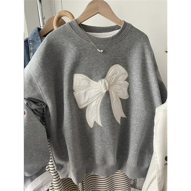 South korea Dongdaemun Heavy Industry y Bow round Neck Hoodie Women Spring and Autumn Thin Small Loose Short Top 250103
