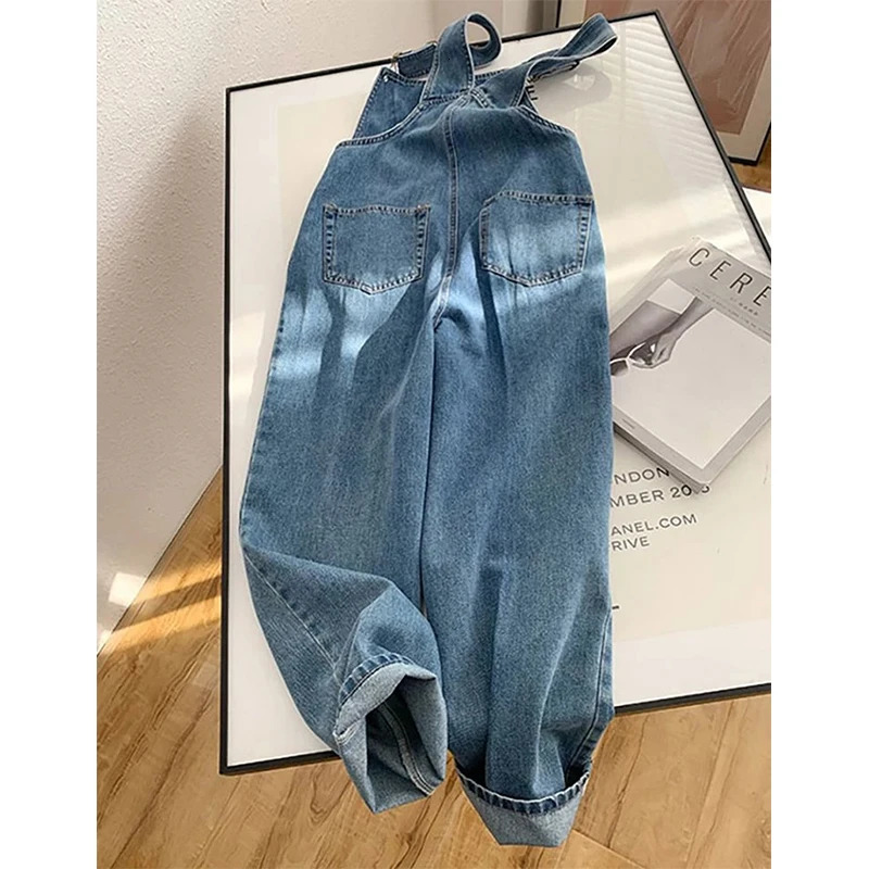 Women Denim Overalls Vintage Streetwear Loose Jumpsuit Korean Straight Wide Leg Pants Casual Jeans All Match Trousers 241230