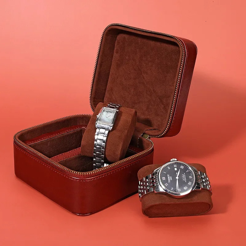 PU portable flip Buckskin velvet zipper watch box 2 slots large watch pillow jewelry display gift storage box customization 250102