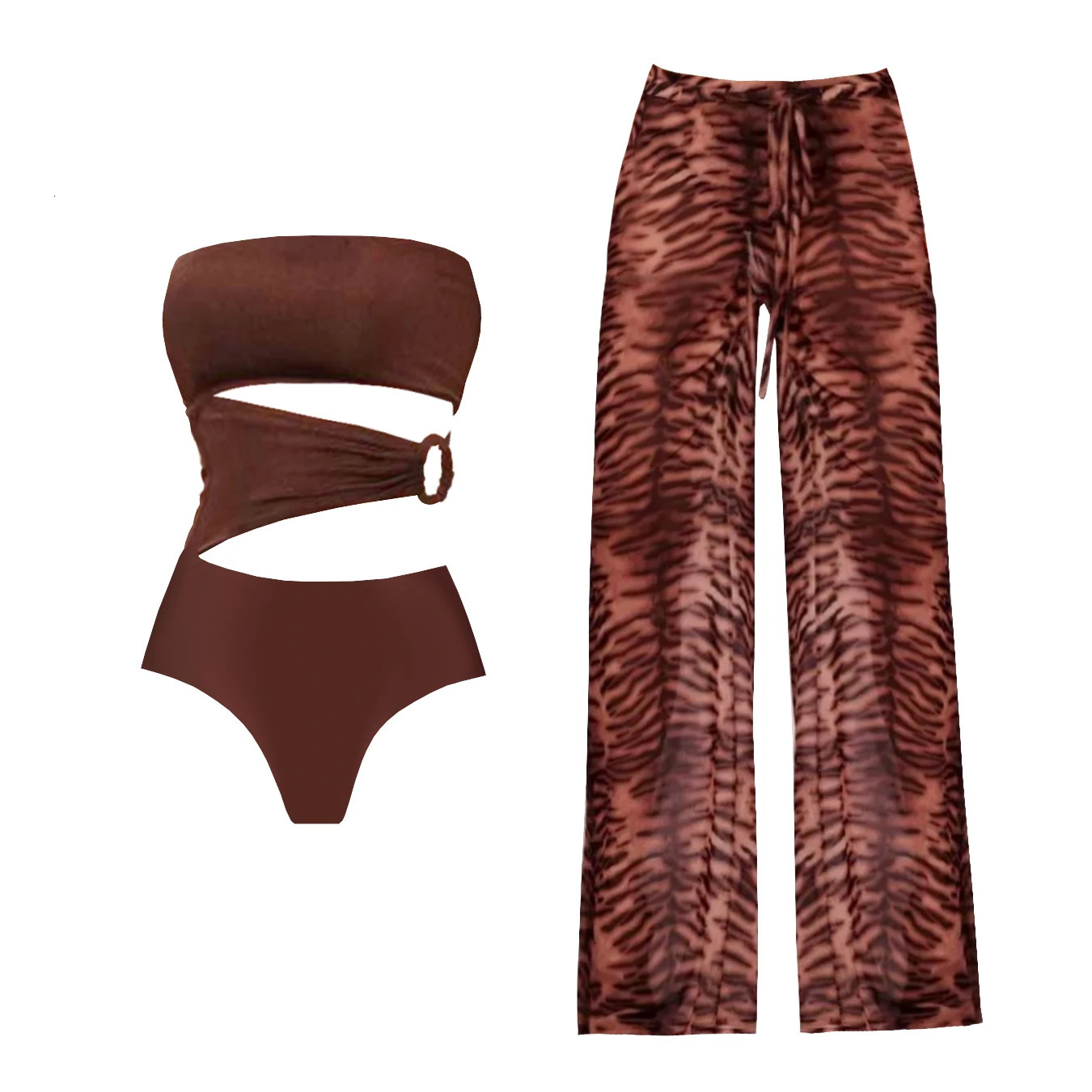 2Pcs Hollow Out Swimsuit With Beach Pants Women Female Swimwear Biquini Leopard Printed Swim Suits Bodysuit Beachwear 250106