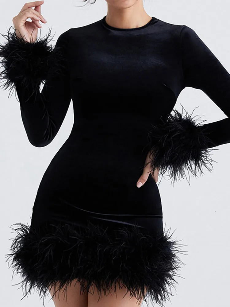 Elegant Feather Party Dress Womens Long Sleeve O-Neck Ultra Thin Velvet Mini Womens Dress 2025 Patch Work Hip Packaging Womens Robe 250103