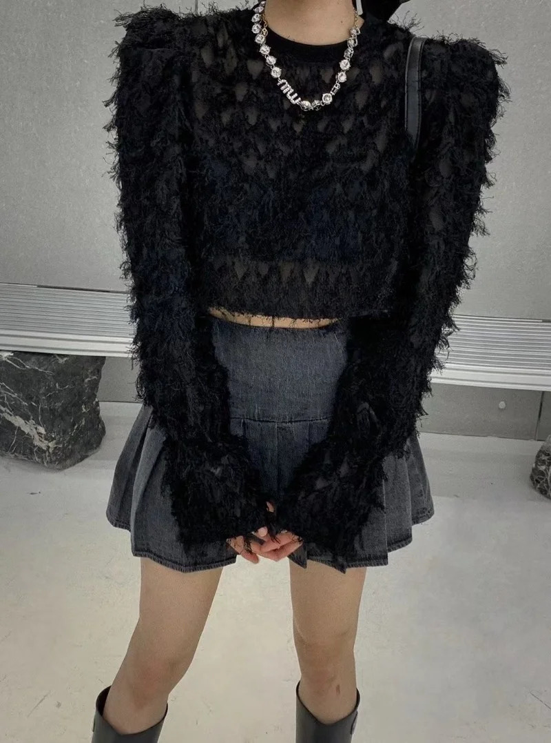 Blusas Mujer Ropa Graphic T Shirts Puff Sleeve Crop Top Korean Shoulder Pad Tassel Sweater Y2k Clothes Jumper Sueter 250103