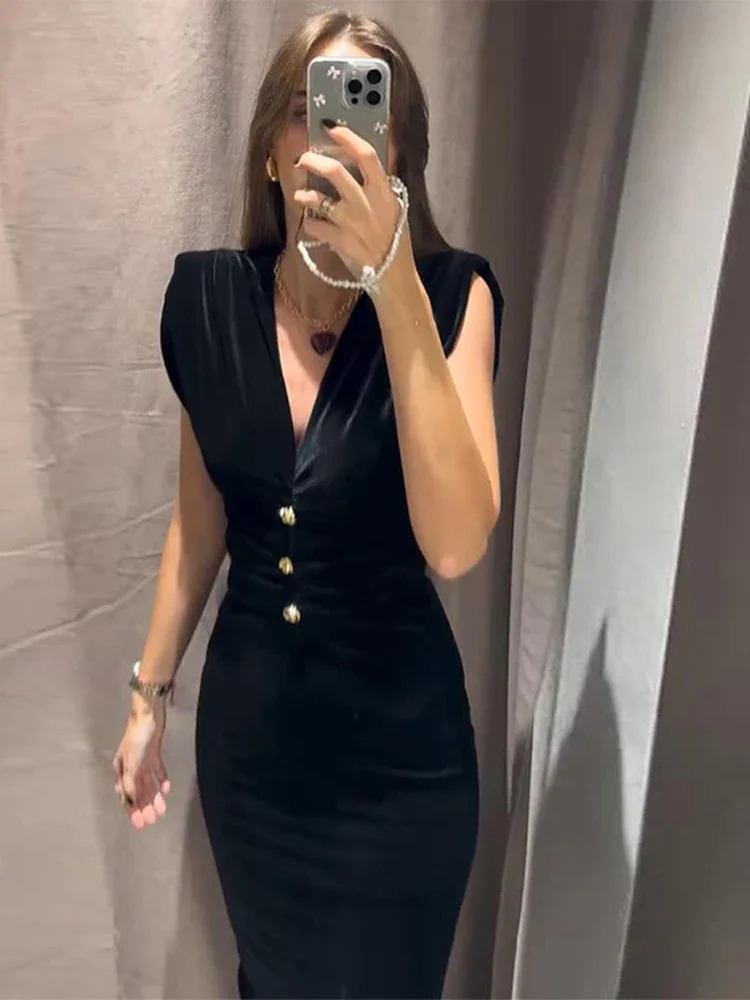 Elegant Velvet Midi Dress for Womens Sexy V-neck Single Chest Folded Party Dress 2025 Sleeveless Ultra Thin Split Womens Dress 250103