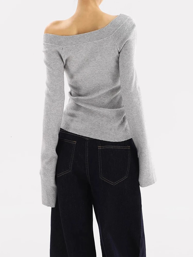 Off Shoulder Sweater Women Autumn Winter Korean Fashion Solid Long Sleeve Knitted Pullovers Casual Elegant Chic Slim Fit Top 250103