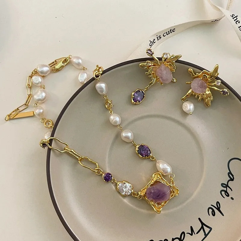 Style Butterfly Freshwater Pearl Baroque Necklace Purple Crystal Zircon Clavicle Chain Elegant Female 250102