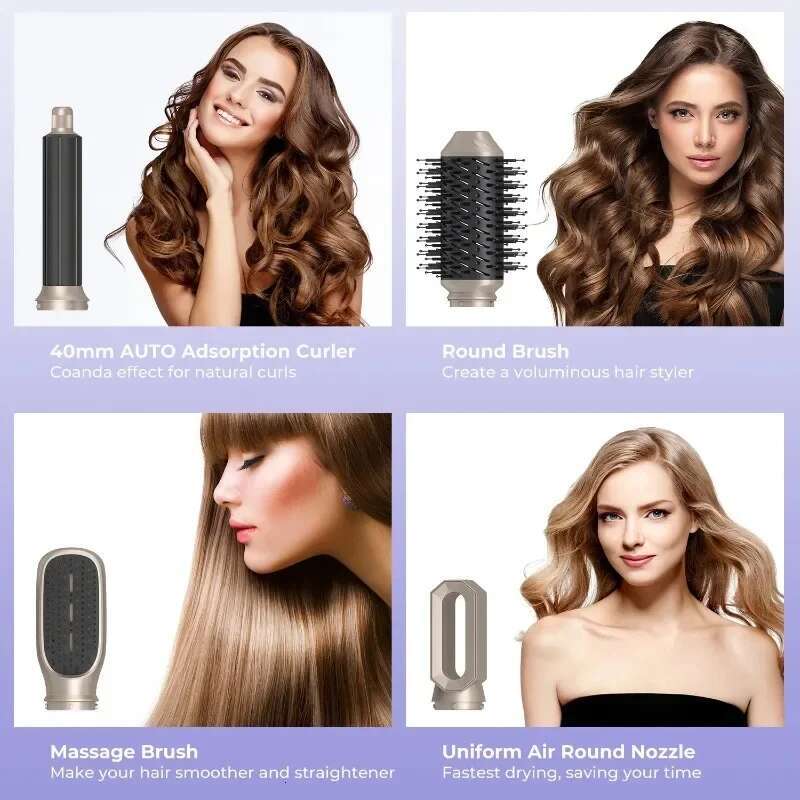 6 in 1 Brush Frizz-Free Blow for Fast Drying Multi Styler with Auto-Wrap Curlers Negative Ionic Hair Dryer