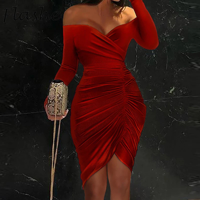 Elegant Women Mini Dress Vintage Red Long Sleeve Party Female Sexy Off Shoulder Bodycon Dresses For 250103