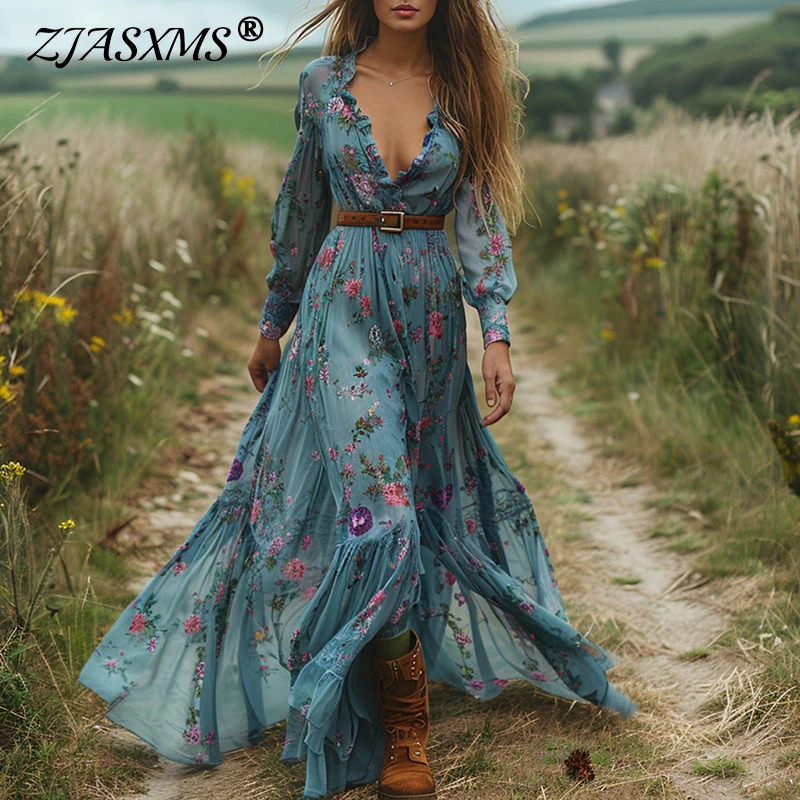 Sexy V Neck Elastic Waist Long Dress Ethnic Fashion Floral Print Vintage Dress for Women Spring Fall Long Sleeve Boho Maxi Dress 250103