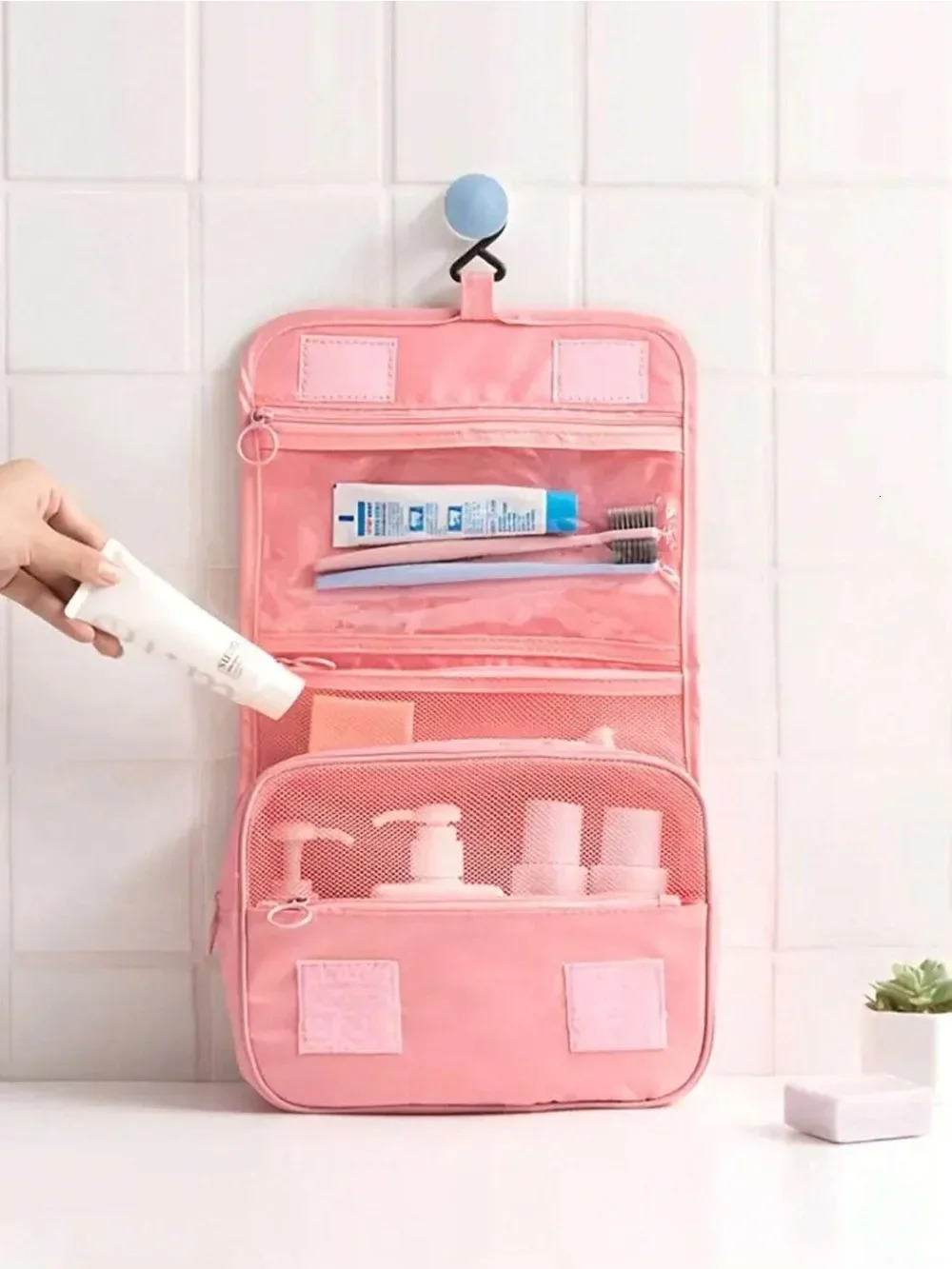 1pc Travel Toiletry Bag Portable Cosmetic Wall Hanging Makeup Storage For Shower Room Accessories 241226