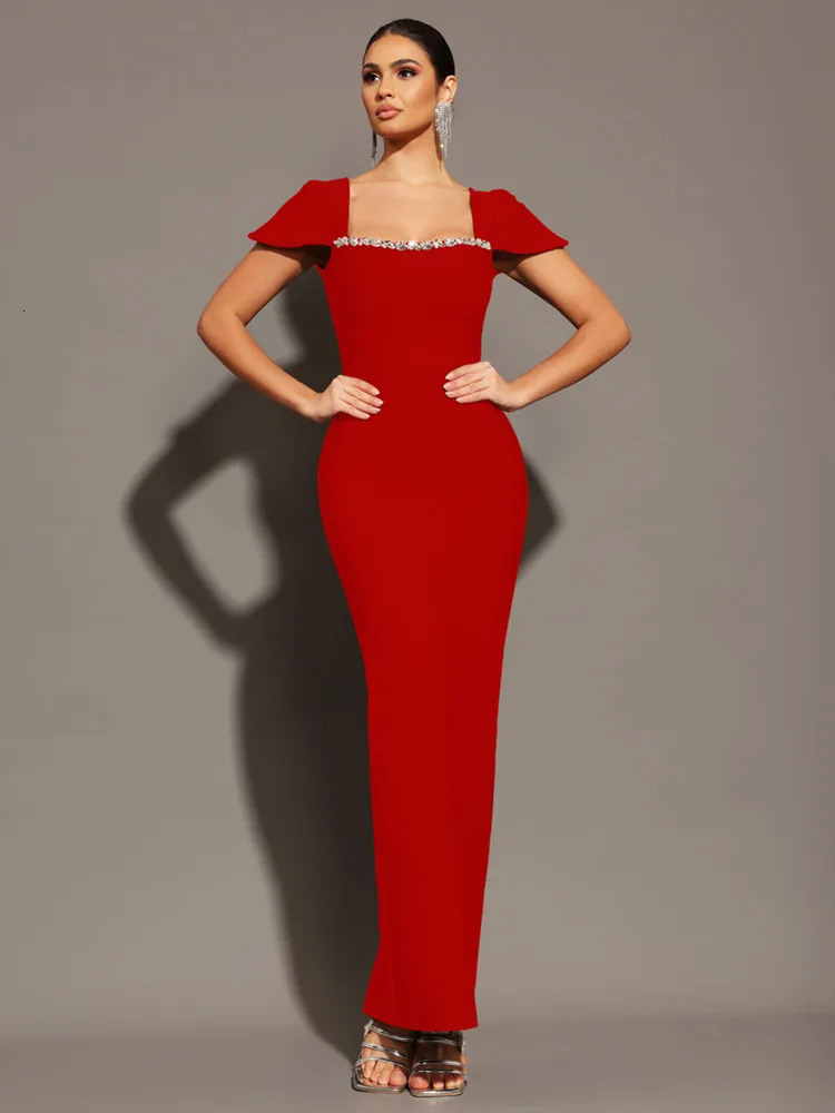 Women Celebrity Sexy Square Collar Black Red Blue Diamonds Maxi Long Bandage Dress 2025 Elegant Evening Club Party Outfit 250103