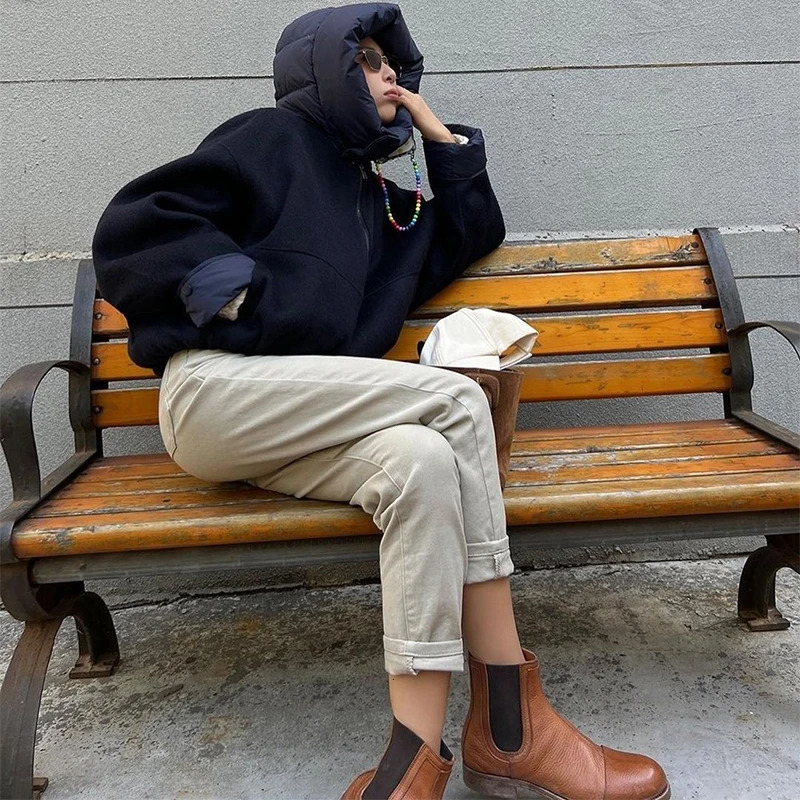 Zipper Panelled Womens Jackets With Hoodies Casual Drawstring Long Sleeved Jacket Female Autumn Winter Short Loose Outwear Tops 250103