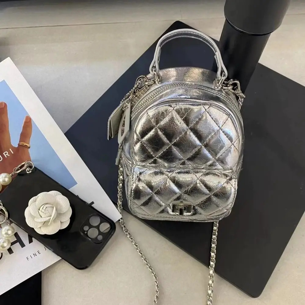 Unisex Multifunctional Chain Backpack Leather Bow Element Vintage School Bag PU Argyle Travel Backpacks 250102