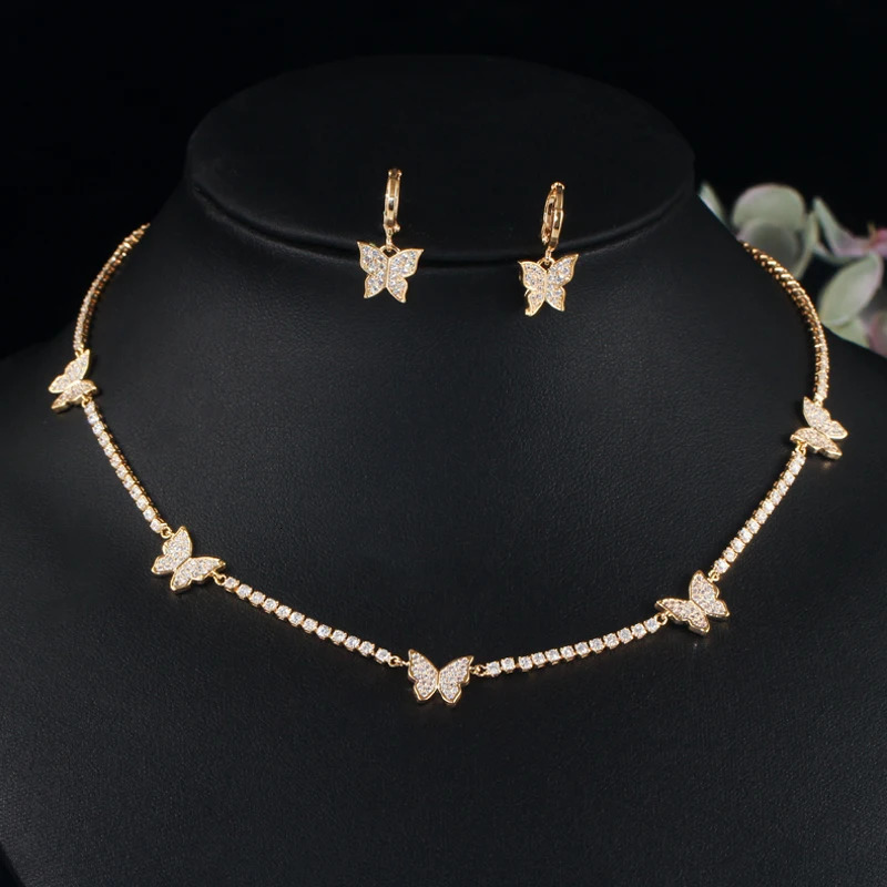 ThreeGraces Trendy White Cubic Zirconia Small Insect Butterfly Choker Necklace Earrings Set for Women Fashionable Jewelry T1017 250102