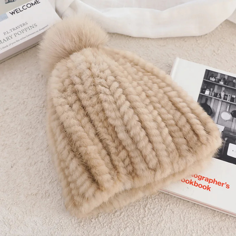 Real Mink Fur Hat For Women Thicken Female Fur Caps Ladies Winter Knitted Mink Fur Beanies With Fox Fur Pompoms Hat 250106