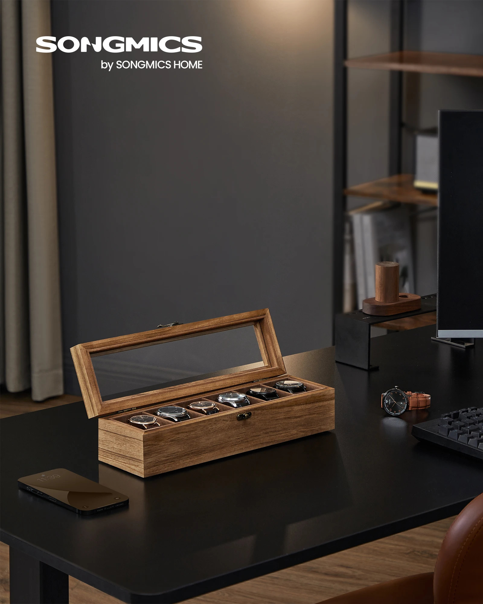 SONGMICS watch box 6-slot watch box solid wood watch box organizer with glass cover watch display box with detachable pillow 250102