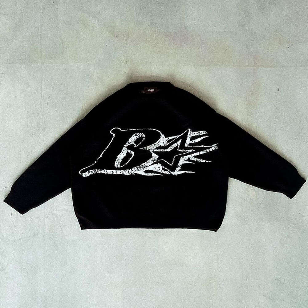 Ins knitted personalized pattern jacquard round neck long sleeved high street loose sweater y2k