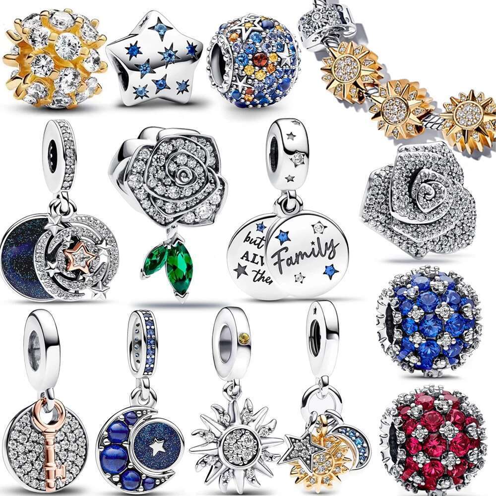 925 Authentic Sterling Silver Charm Sparking Star Moon & Sun Pendant Fit Bracelets DIY Women Necklace Jewelry Gift