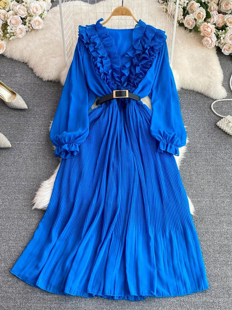 XFPV Vintage Solid Ruffles Patchwork Puff Long Sleeve Belt Dress Women Elegant Pleated Vestido 2025 Spring Summer SM5508 250103