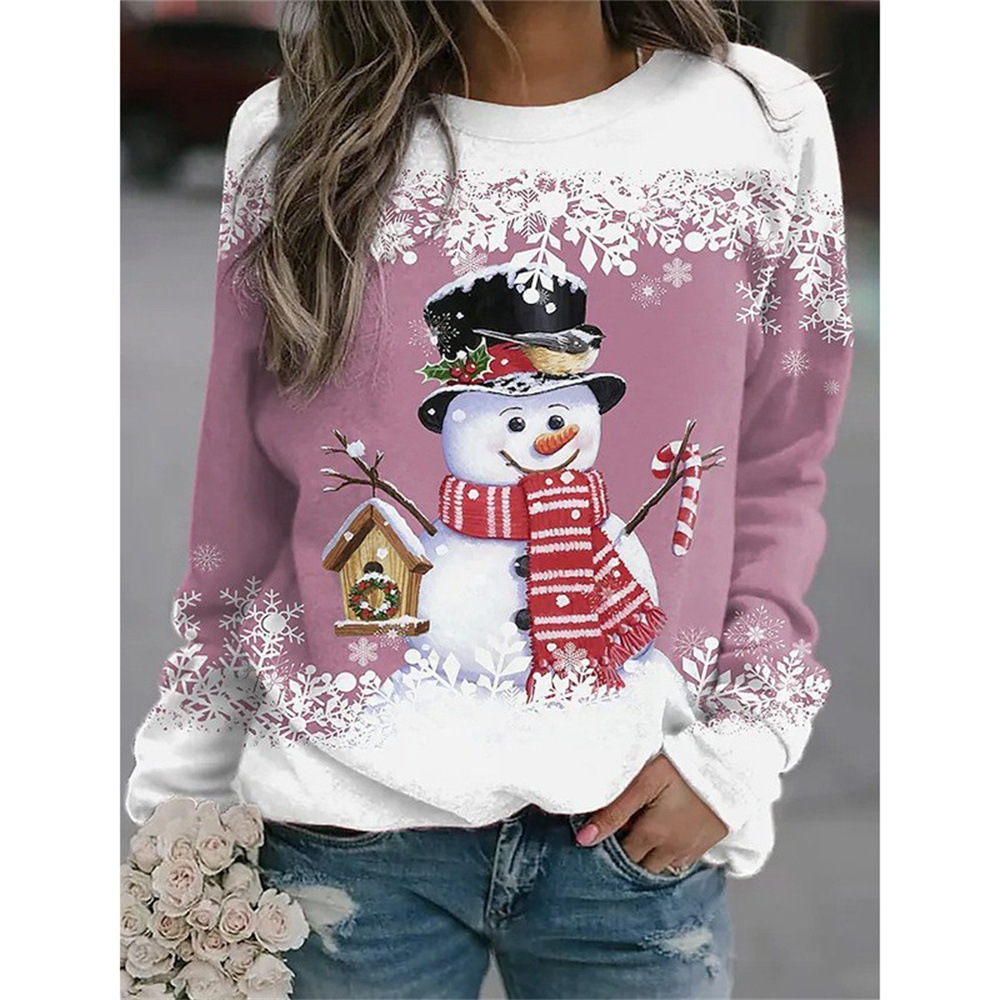 2025 New Women's Snowman Printed Long Sleeved Casual Loose T-shirt Single Top