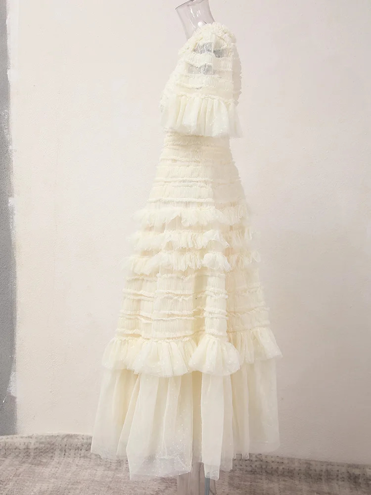 IEQJ Solid Retro Fungal Puff Sleeve Lace Strap Dress Elegant Ultra Thin Elegant Womens Dress 2025 Summer Clothing 250103