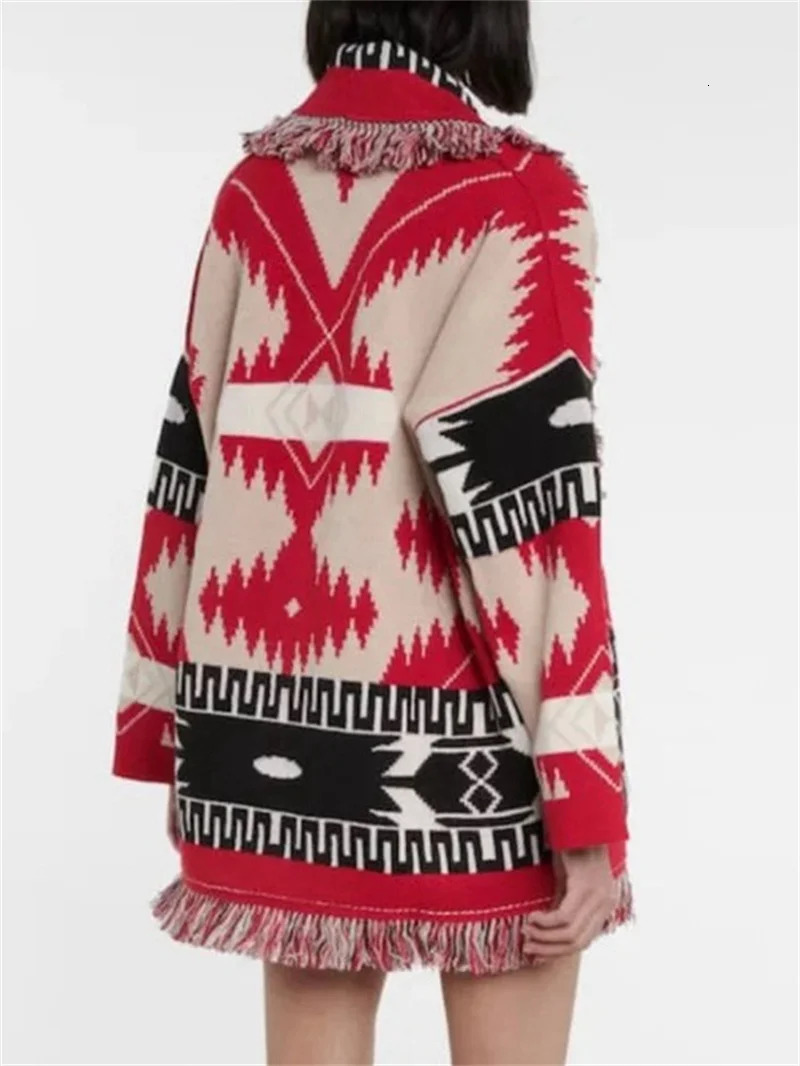 HIGH QUALITY Ethnic Boho Gypsy Bohemian Stylish Womens Cashmere Wool Jacquard Print Fringed Belted Wrap Cardigan In Red 250103