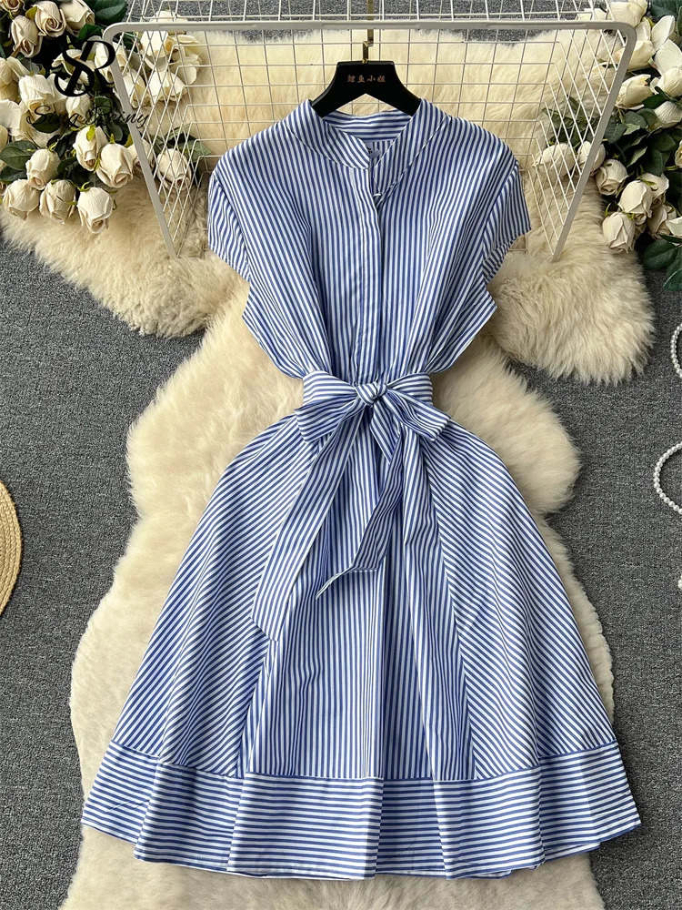 SINGREINY Office Lady Stripe Sundress Covered Button Belt Bow Short Sleeves Women Gentle Korean Style Summer Casual A Line Dress 250103