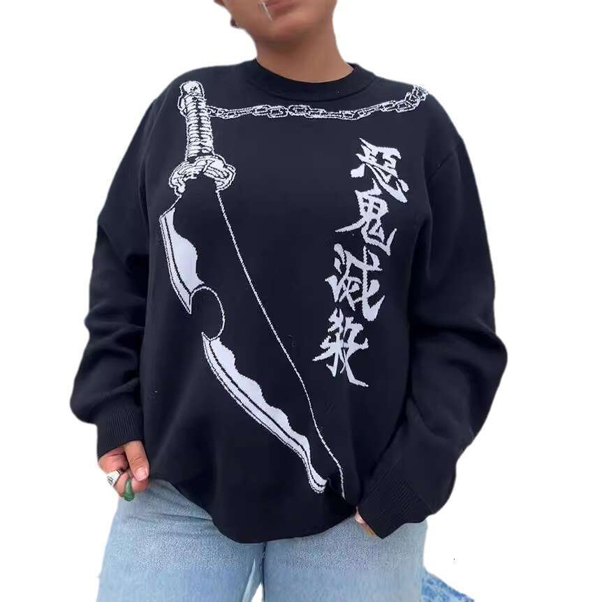 Knitwear Anime Jacquard Pattern Round Neck Long Sleeve High Street Loose Harajuku Sweater