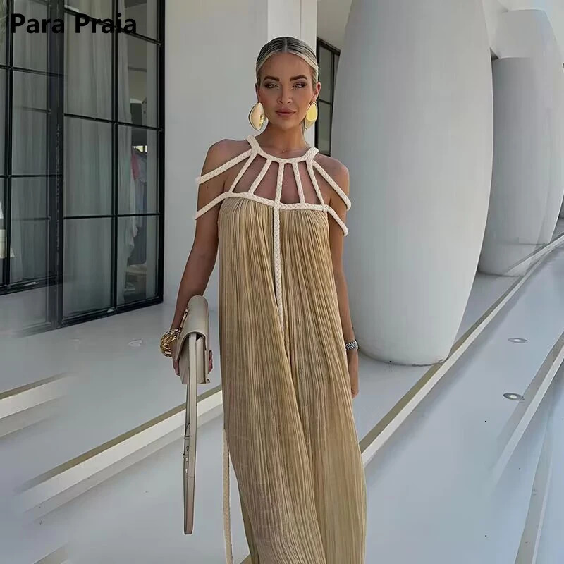 Para Praia Hollow Out Knitted Long Shirts 2024 Beach Dress Drawstring Swimwear Cover Ups Sexy Beach Outfits for Women Beachwear250103
