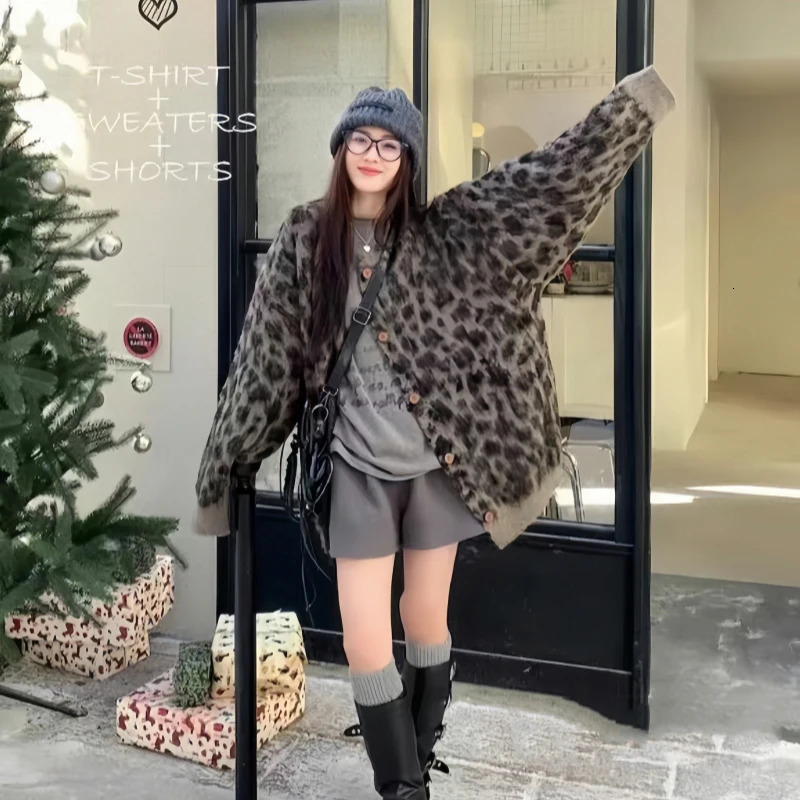 Harajuku Leopard Print Knitted Cardigan Women Oversized Sweater Outerwear Vintage Long Sleeve Knitwear Winter Casual Jumpers 250103
