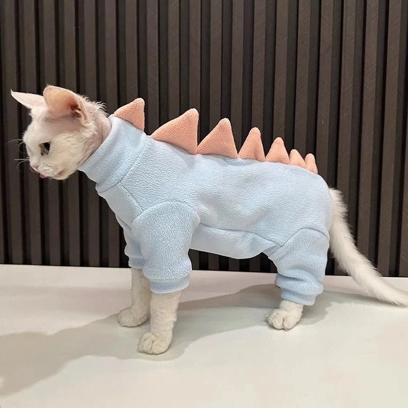 Dinosaur Shape Fleece Sweatshirt for Cats in Winter Cute Cartoon 4-legged Warm Purple Blue Coat for Sphynx Cat Soft Jumpsuit 250106