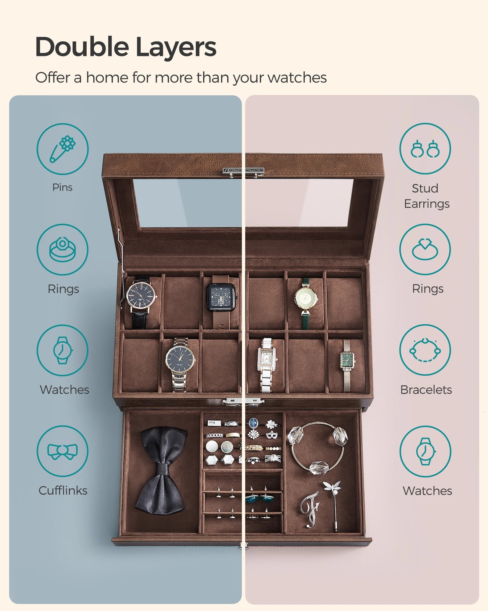 SONGMICS 12 slot watch box lockable watch box with glass cover 2 layers with 1 drawer used for rings and bracelets 250102