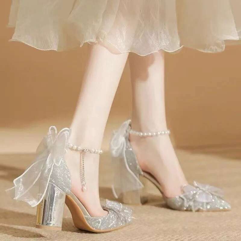 Spring Autumn Pointed Party Women's Wedding Bridal Bow Chunky Heel Sier Sequins Fairytale Lolita Style Single Shoes