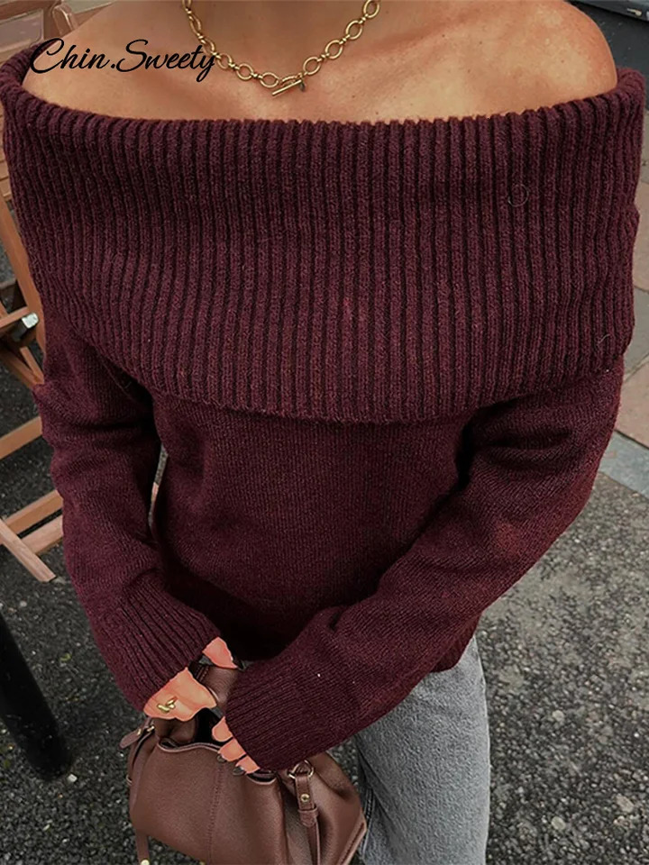 Elegant Burgundy Off Shoulder Sweater Women Knitted Long Sleeve Slim Fit Pullover Top Spring High Street Casual Knitwear 250103