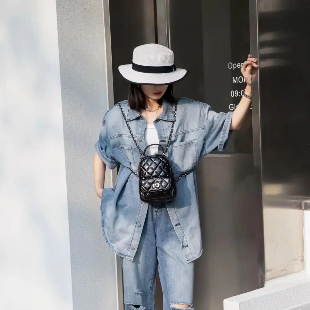 Unisex Multifunctional Chain Backpack Leather Bow Element Vintage School Bag PU Argyle Travel Backpacks 250102