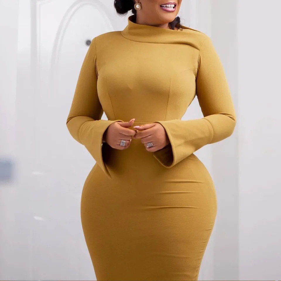 D441 Autumn Winter Long Sleeve Wrap Hip Dress Pure Color Women Clothing African Style 250103