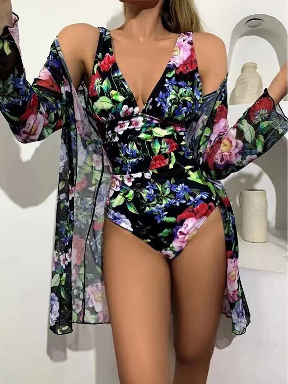 One Piece Vneck Tropical Print Swimsuit With Cover Up Swimwear Women Beach Wear Female Bathing Swimming Swim Suit Summer 250106