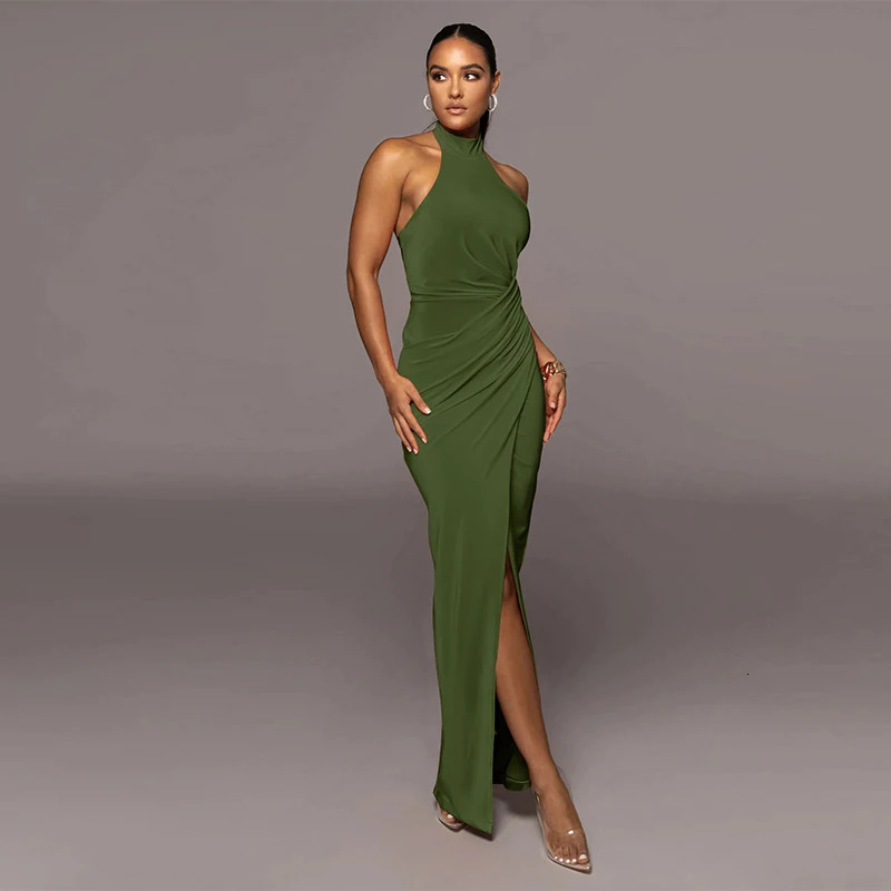 Elegant Women Halter Sleeveless Backless Draped Pleated Long Dress Sexy Bodycon Outfit Evening Birthday Party Wedding 250103