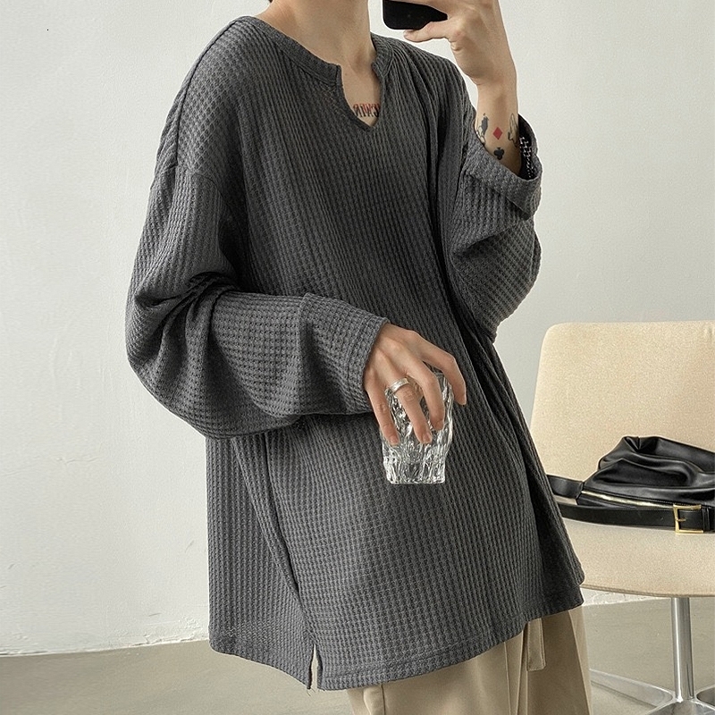 Mens Retro Loose Lazy Stylish Long Sleeve TShirt Casual O Neck Solid Exposed Clavicle Tops Breathable Basic Shirt 2025 241217