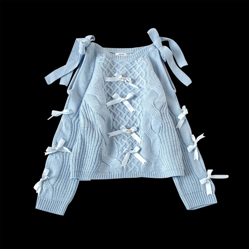 Vintage Sweet Lolita Style Knitted Pullover Autumn Winter Women Cute Off Shoulder Bow Sweater Girls Harajuku Y2k Knitwear Tops 250103