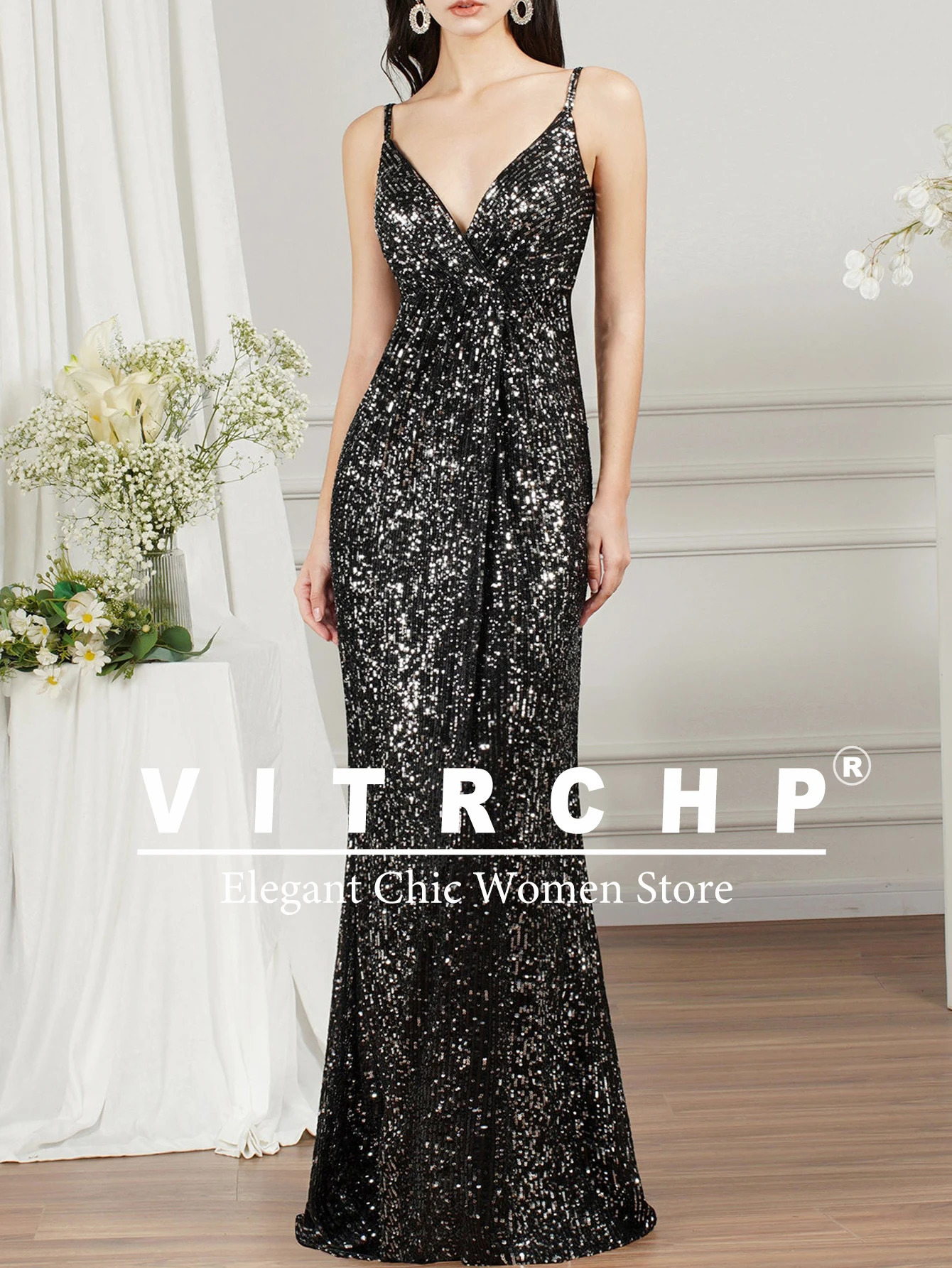 Sparkling mermaid long ball dress spaghetti strap high waisted seam formal evening dress sexy floor length formal occasion dress 250103