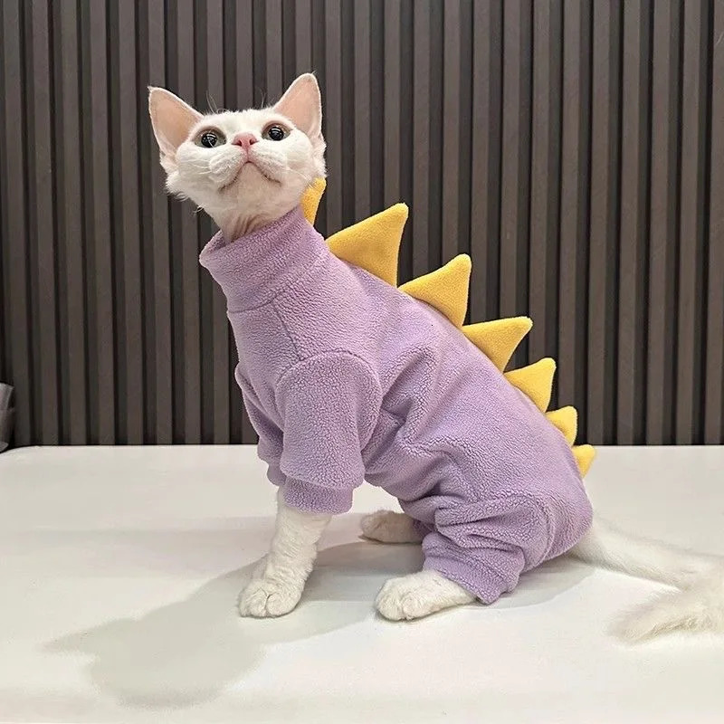 Dinosaur Shape Fleece Sweatshirt for Cats in Winter Cute Cartoon 4-legged Warm Purple Blue Coat for Sphynx Cat Soft Jumpsuit 250106