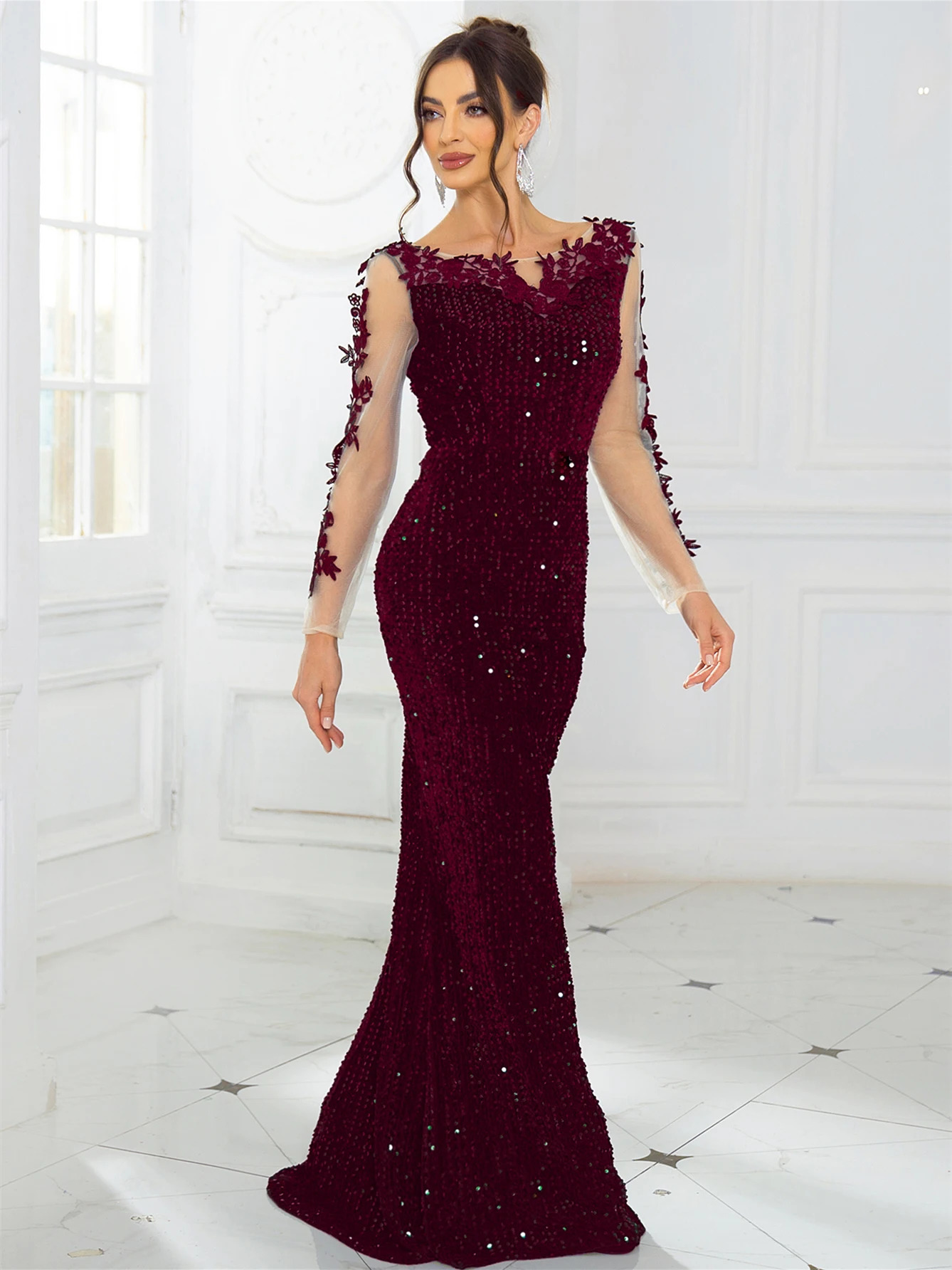 Elegant lace sequined velvet long night dress without back hollow full sleeve ballroom dress 250103